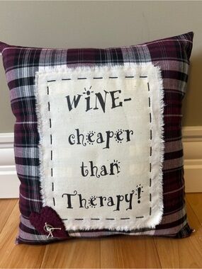 Wine Cheaper Than Therapy Plaid Accent Pillow - Burgundy